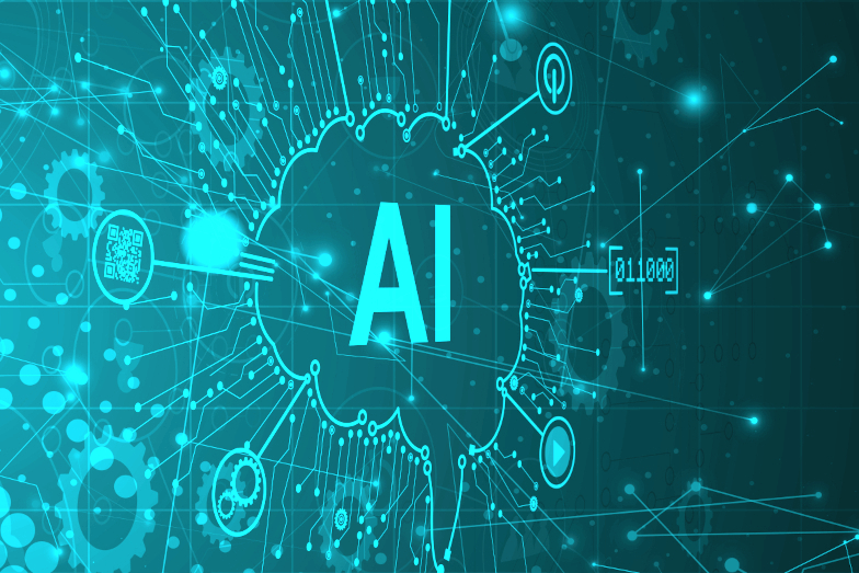 Grafik mit einem stilisierten menschlichen Gehirn und dem Text „AI“ für Artificial Intelligence (Englisch: Künstliche Intelligenz)