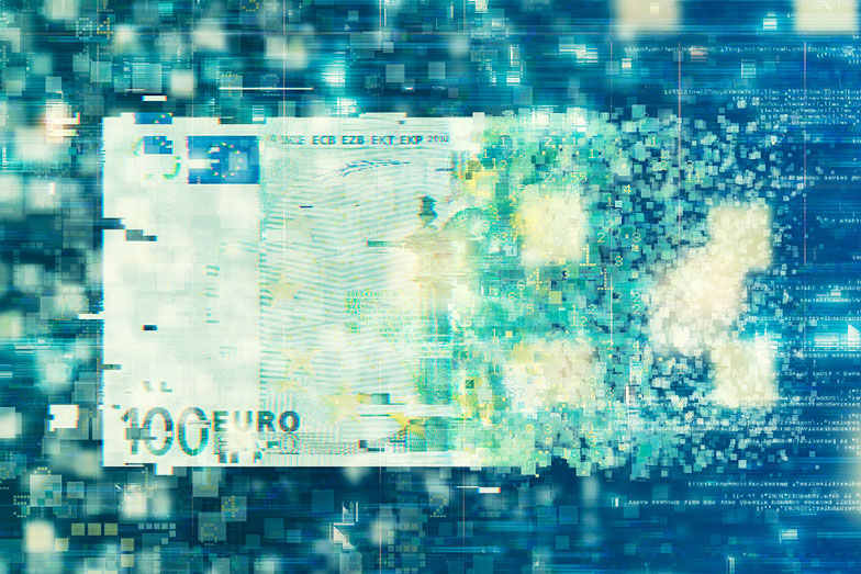 Illustration E-Payment: Geldschein wird digitalisiert dargestellt und in kleine Fragmente aufgelöst. 
