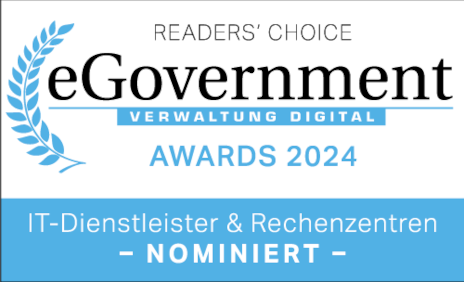 Logo "Readers' Choice eGovernment Computing Awards 2024 I IT-Dienstleister & Rechenzentren - nominiert"