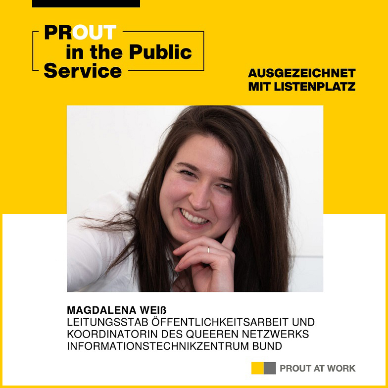 Platzierungsanzeige der PROUT AT WORK-FOUNDATION mit Porträtfoto von Magda Weiß