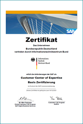 Zertifizierungsurkunde des ITZBund zum SAP CCOE (Quelle: ITZBund) Zertifizierungsurkunde des ITZBund zum SAP CCOE