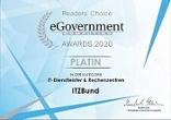 Logo "Readers' Choice eGovernment Awards 2020. Platin in der Kategorie IT-Dienstleister & Rechenzentren: ITZBund" 