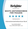 Logo "Brigitte zeichnet aus: Beste Unternehmen für Frauen. 5 Sterne von 5. Höchstnote für ITZBund. Quelle: TERRITORY EMBRACE. Im Test 281 Unternehmen. Gültig bis Dezember 2023. Ausgabe 21/2022."