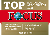 Top Nationaler Arbeitgeber 2021. Focus. Deutschlands beste Arbeitgeber im Vergleich in Kooperation mit kununu. Focus 08/2021.